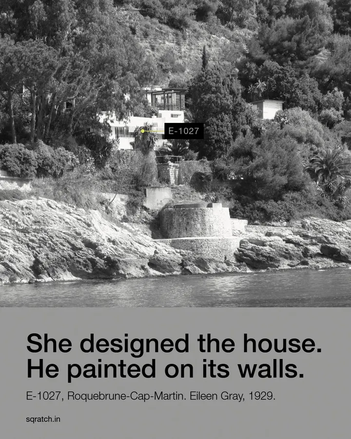 Black and white view of E-1027 with a line about Eileen Gray and paintings on its walls
