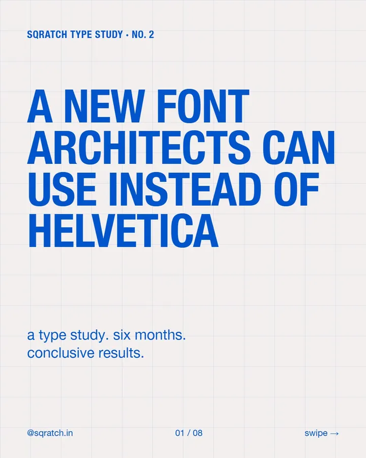 Blue type on a grid asks which new font architects can use instead of Helvetica