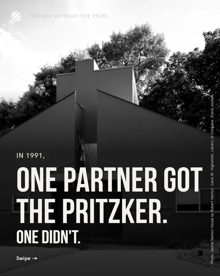 Black and white house photograph with the opening line: one partner got the Pritzker, one did not